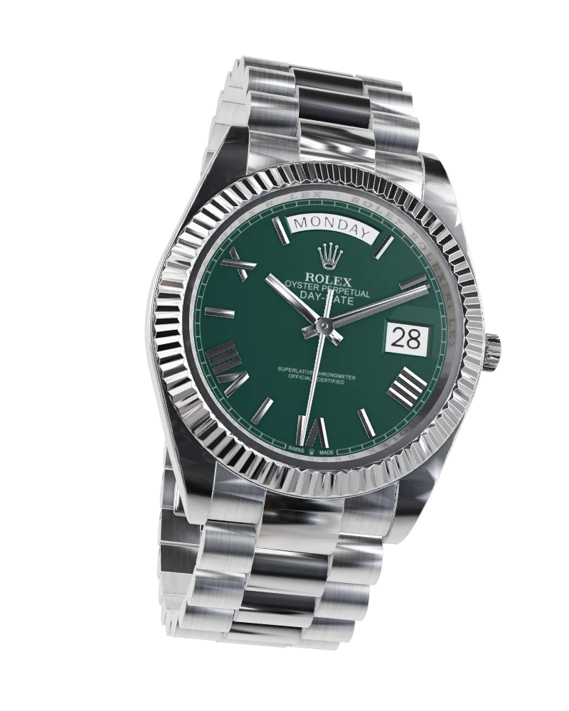 Illustrative 3D render of a steel watch with a green dial