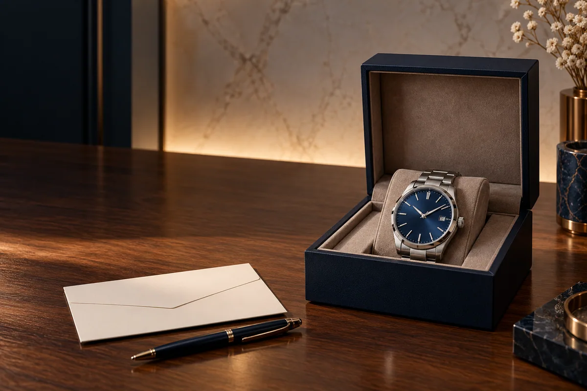 Illustrative steel watch in a navy presentation box